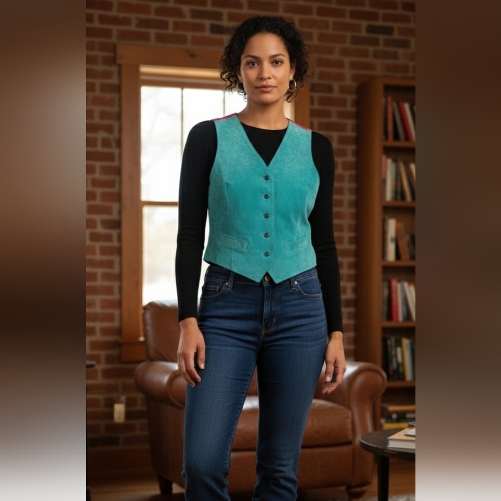 Vintage 1980s Arizona Jean Company Suede Leather Womens Vest Turquoise Medium